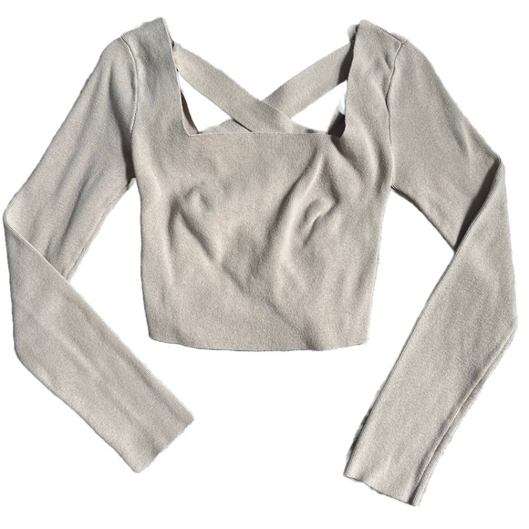 LE LIS TAN LONG SLEEVE LACE UP OPEN BACK CROPPED TOP WITH SQUARE NECK SIZE SMALL - Picture 6 of 10